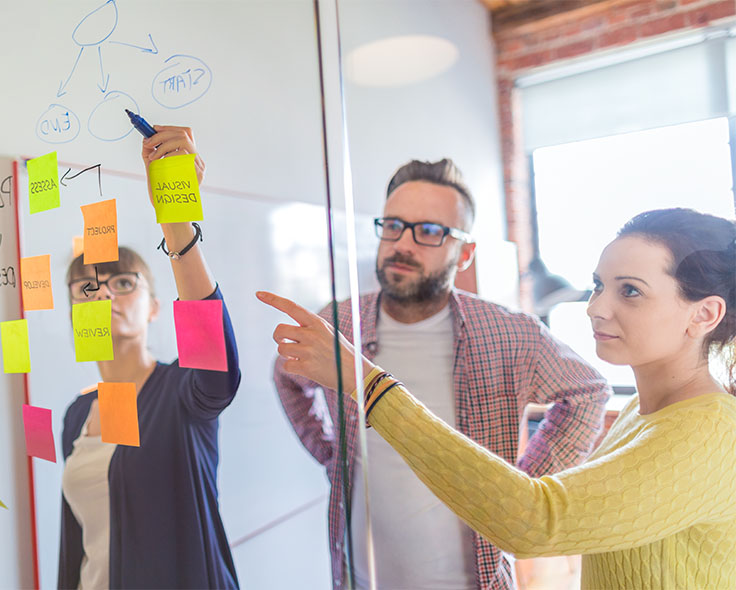 Junge, kreative Geschäftsleute treffen sich im Büro und zeigen auf die Grafiken und die Post-it-Zettel an der Glaswand.