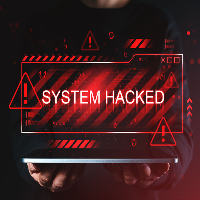 Digital Warning Graphic With System Hacked Alert Displayed Above Hands Holding Device Symbolizing Online Virus Breach And Cybersecurity Threat